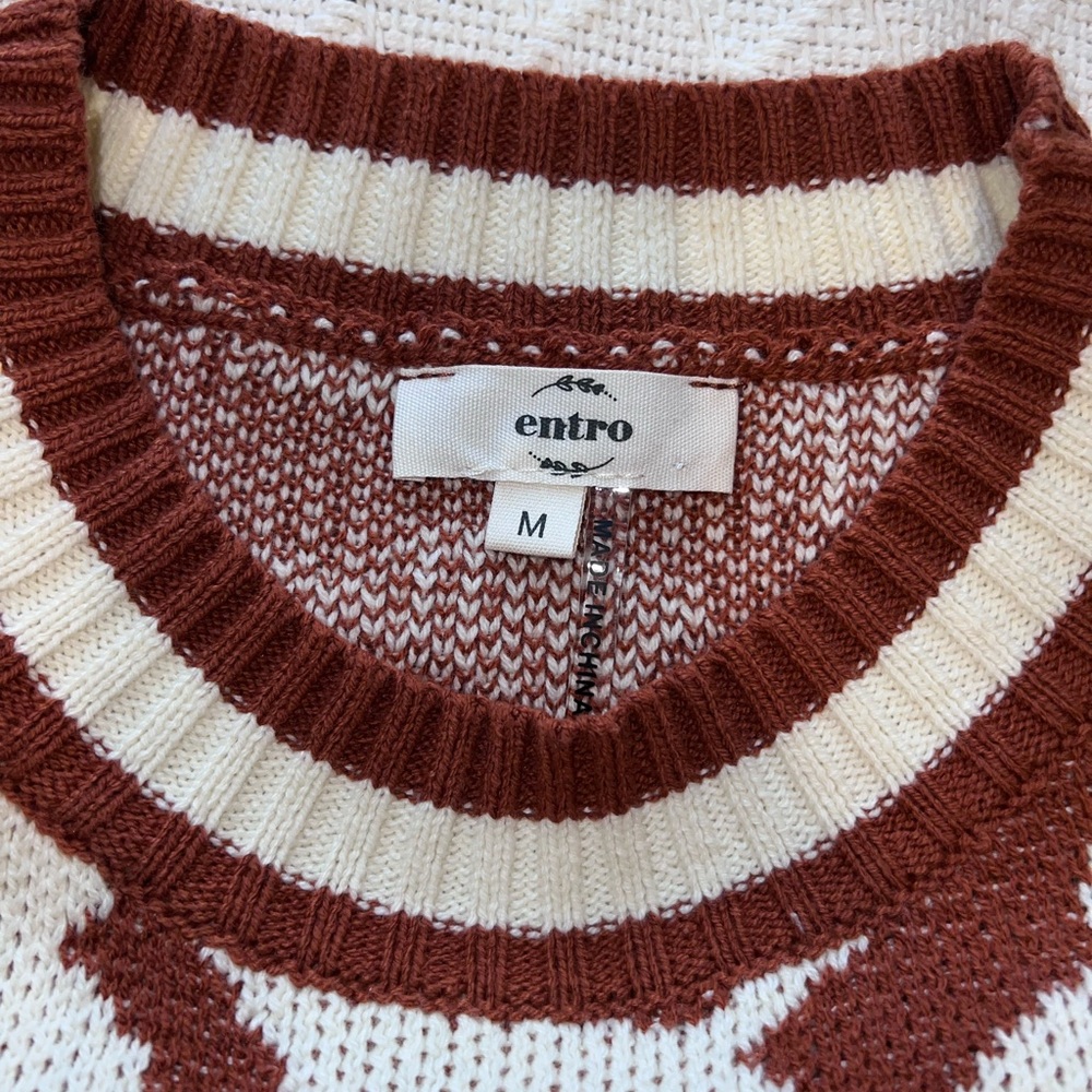 Entro Floral Knit Sweater Top Size M Brown Cream Retro Puff Sleeve - Picture 5 of 8